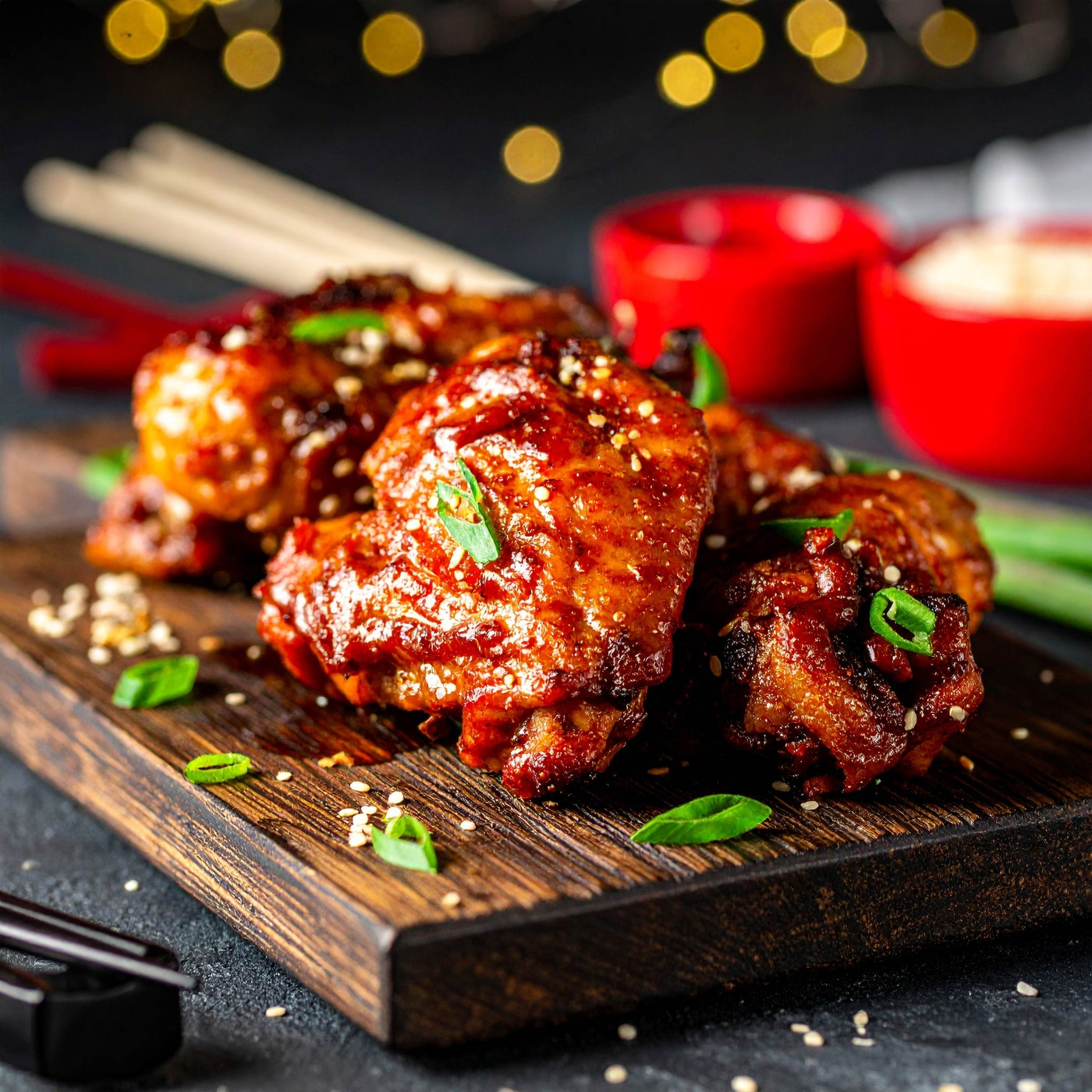 Knusprige Hähnchenflügel mit Sesam auf einem Holzbrett, serviert mit Beilagen.