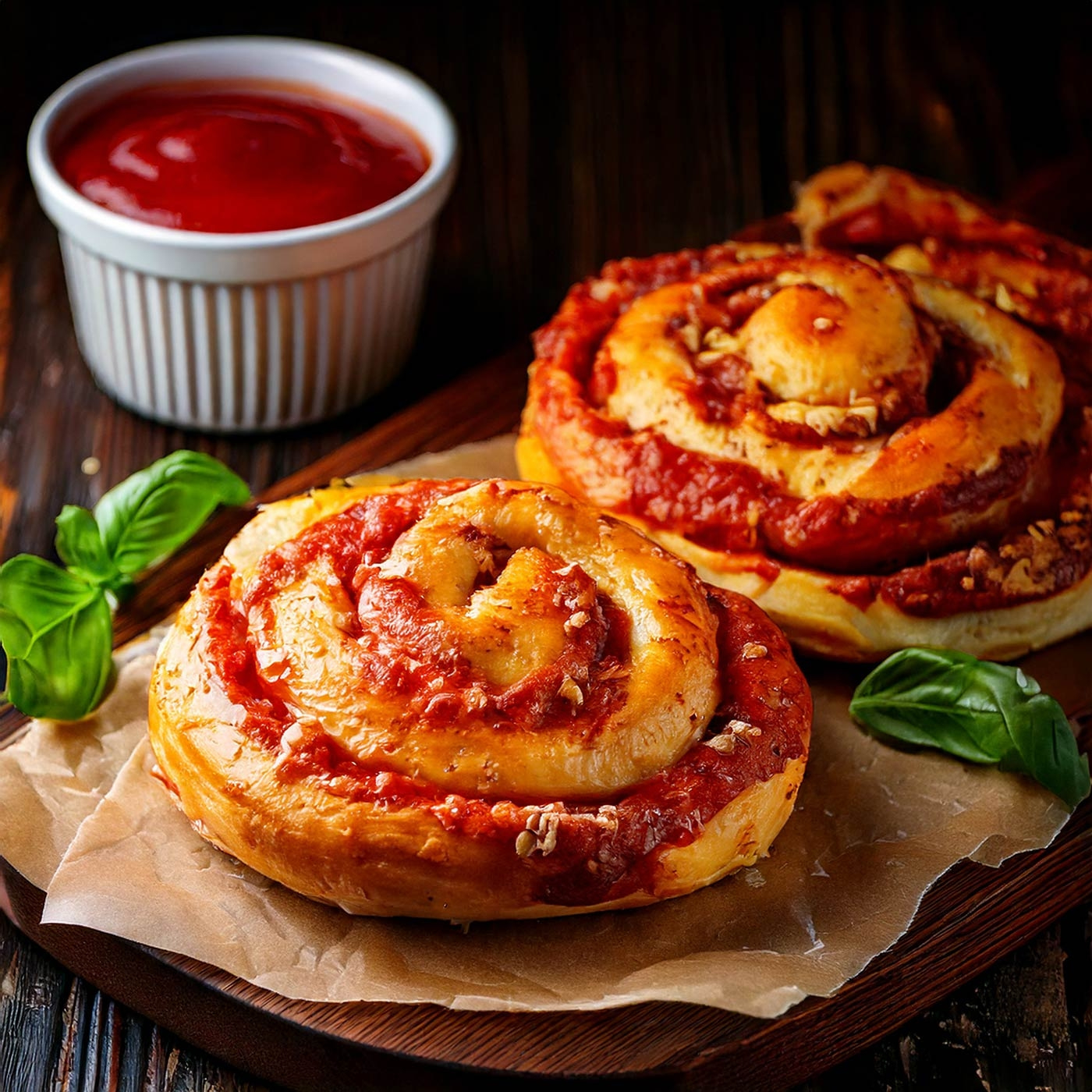 Pizza-Schnecken mit Tomatensauce und Basilikum auf Holzbrett