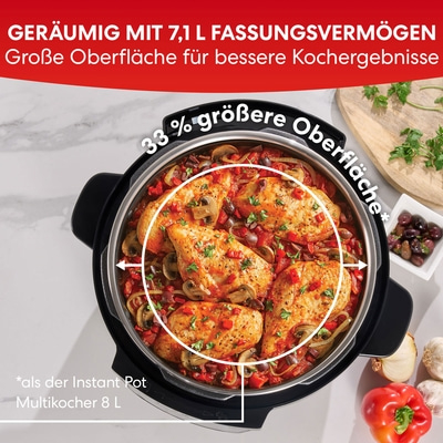 Geräumiger Kochtopf mit 33% größerer Oberfläche für bessere Kochergebnisse.