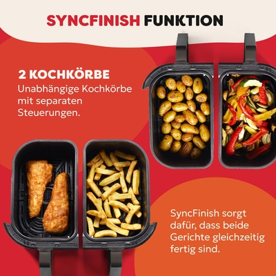 Luftfritteuse mit zwei Körben, SyncFinish-Funktion, unabhängige Kochkörbe, Essen gleichzeitig fertig.