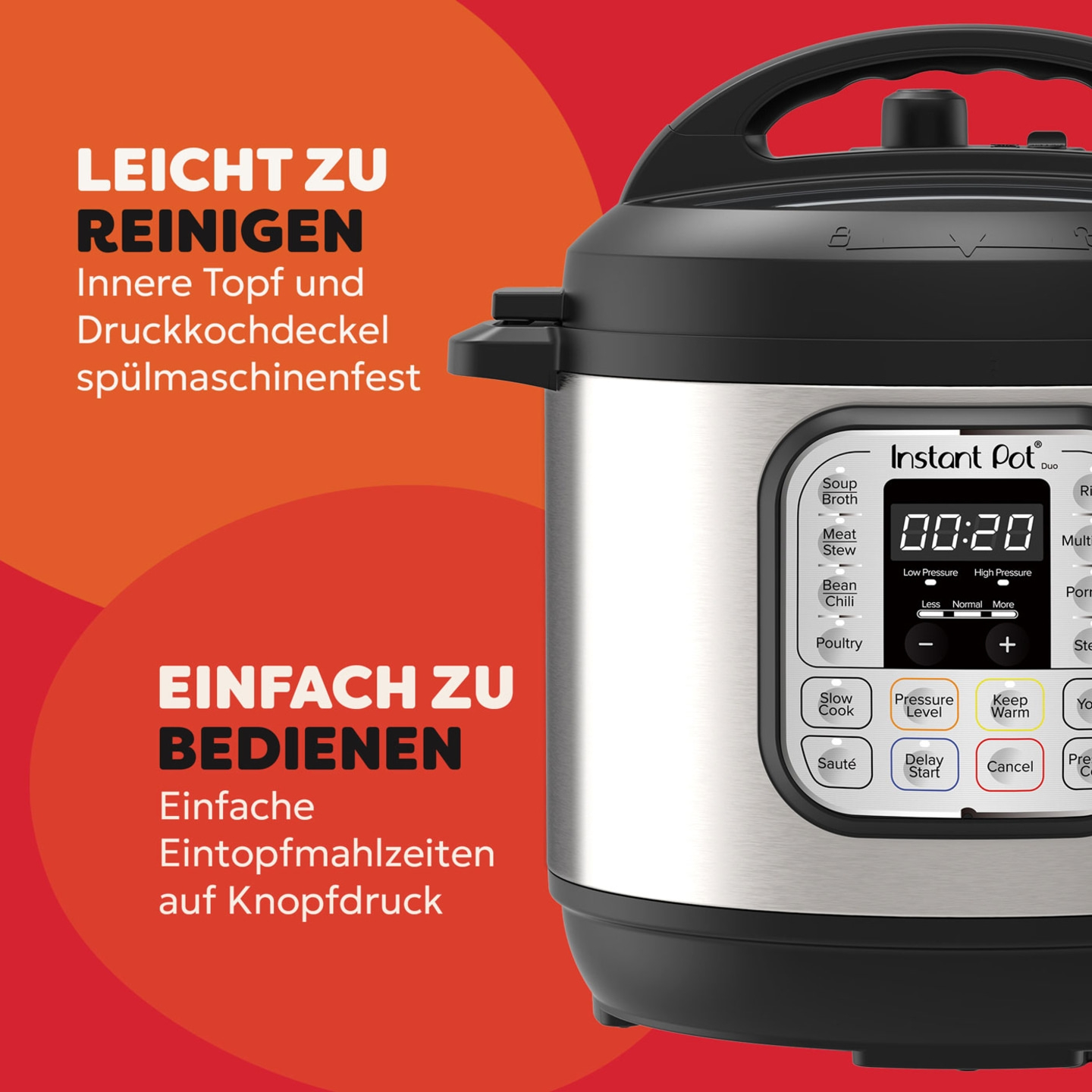 Ein Instant Pot mit der Aufschrift Leicht zu reinigen und einfach zu bedienen.