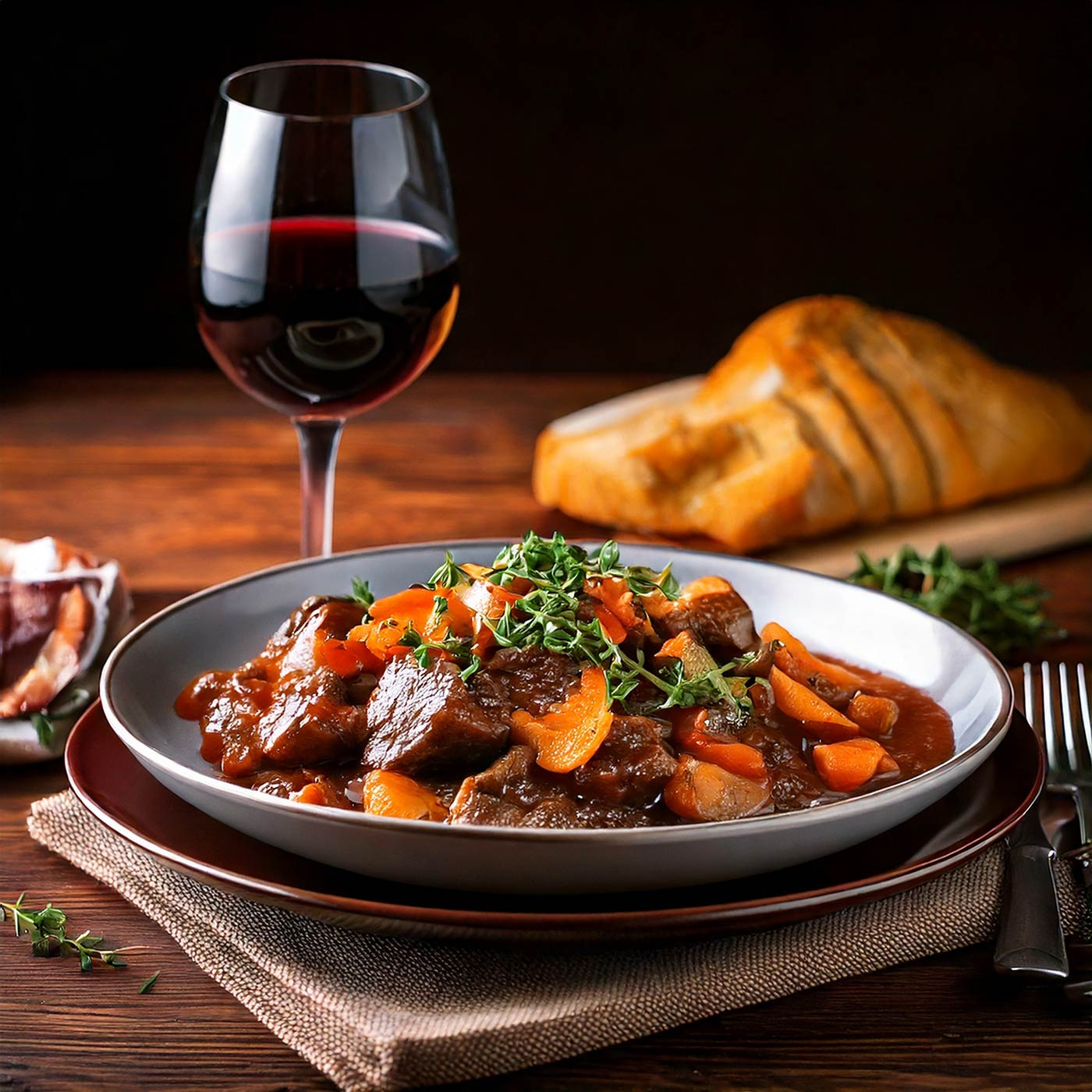 Gourmet-Essen mit Wein, Brot und Fleischgericht auf einem Holztisch