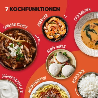 7 Kochfunktionen: Langsam Kochen, Anbraten, Dampf Garen, Reiskocher, Joghurthersteller, Wärmefunktion, Druckkochen