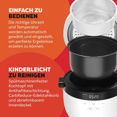 Reiskocher mit Text: Einfach zu bedienen, kinderleicht zu reinigen.
