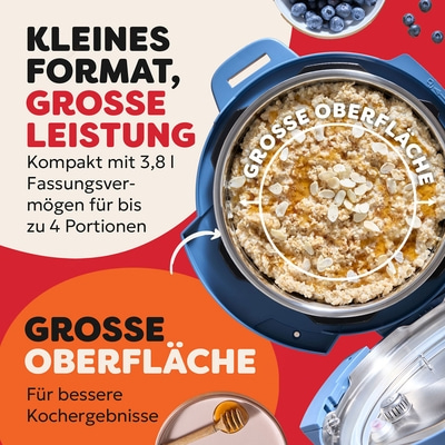 Kleiner Topf, große Leistung, kompaktes Format, 4 Portionen, große Oberfläche, Kochergebnisse.