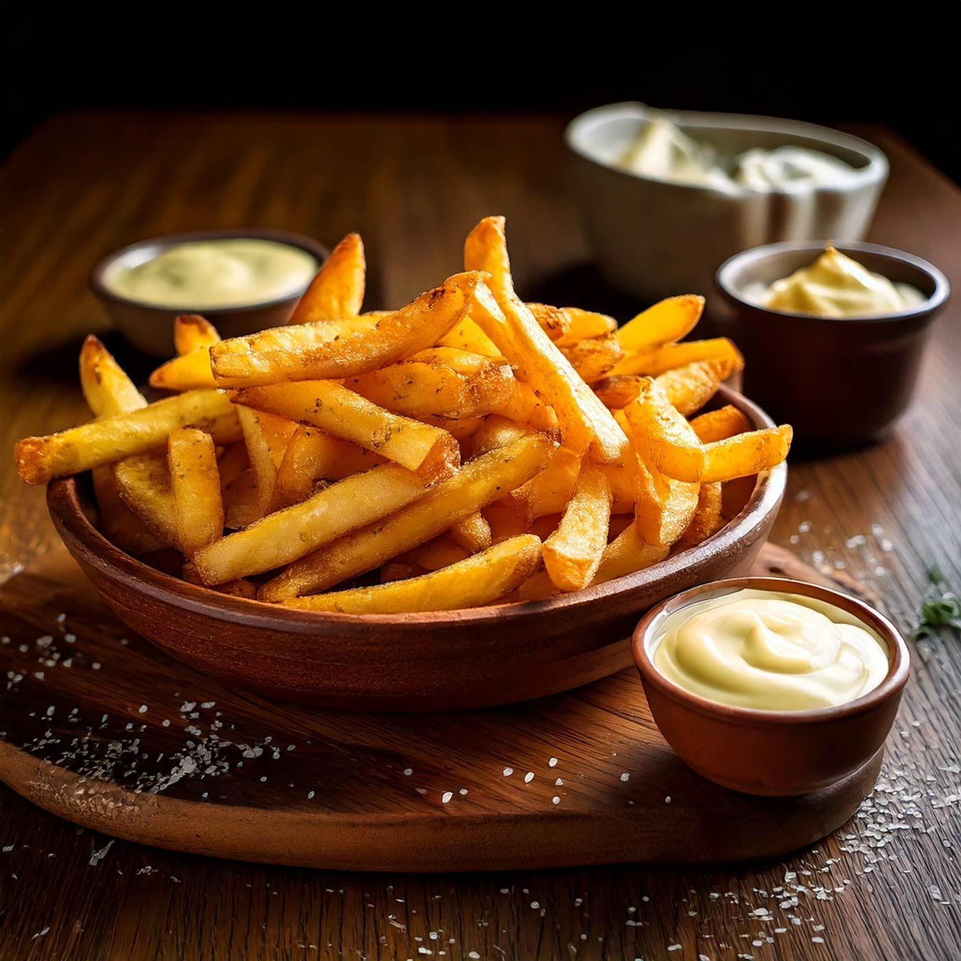 Pommes Frites mit verschiedenen Soßen in Holzschalen auf einem Holzbrett
