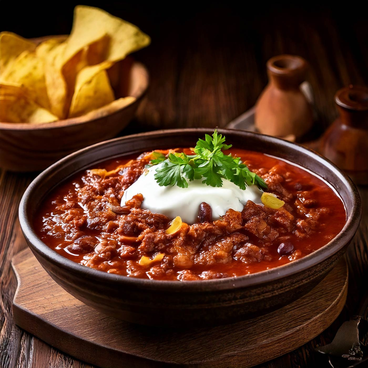 Eine Schüssel Chili mit Sauerrahm und Tortilla-Chips auf einem Holzbrett.