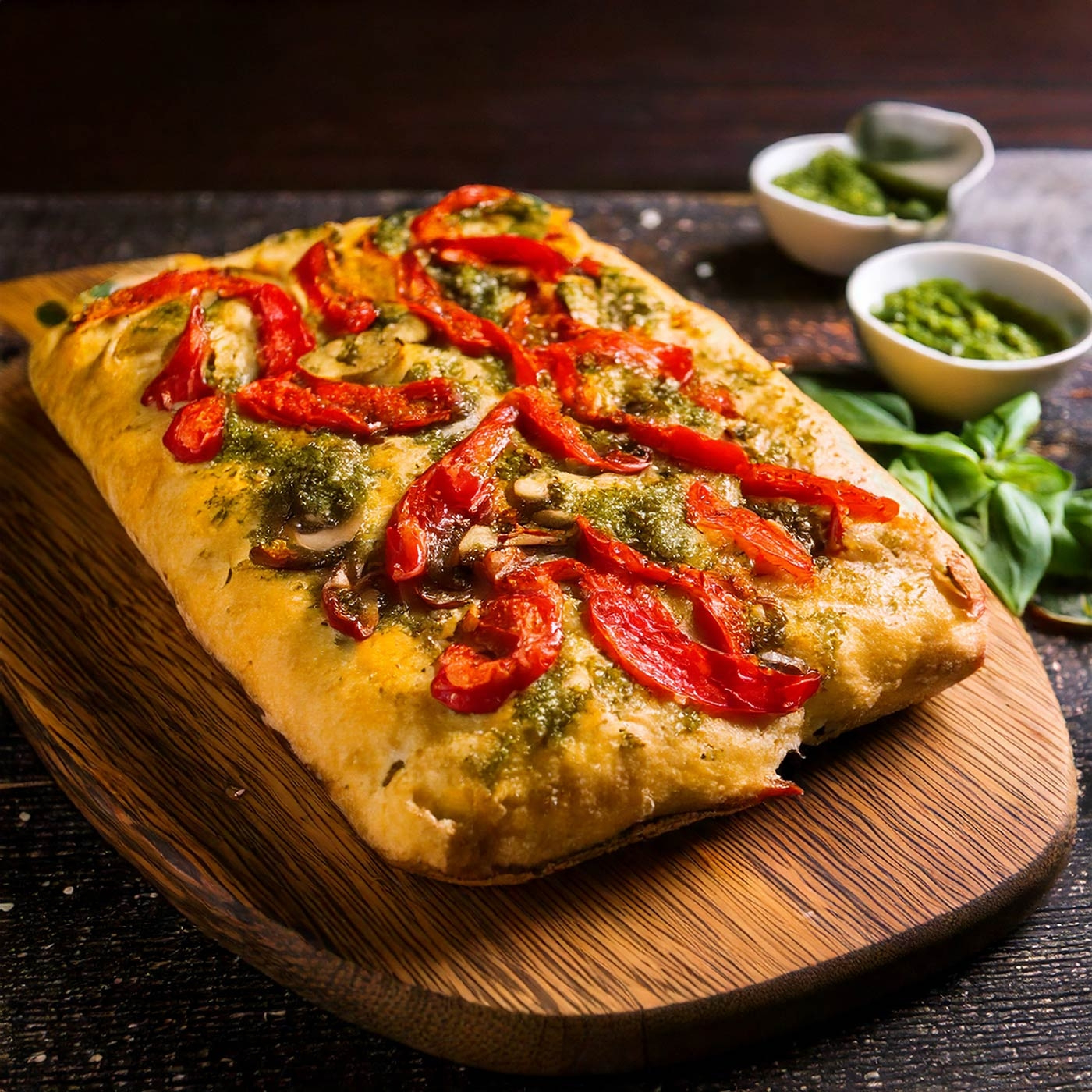 Focaccia mit Tomaten, Pesto und Basilikum auf einem Holzbrett