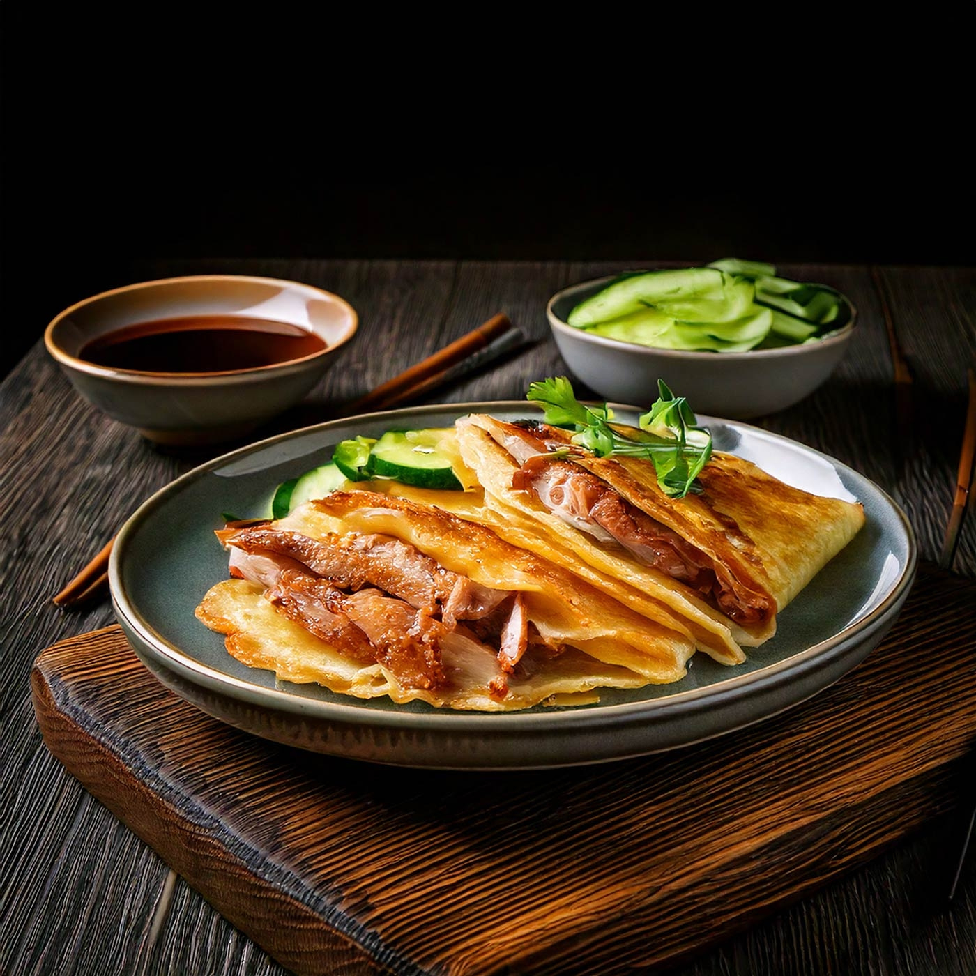 Ente mit Pfannkuchen, Gurken und Soße auf einem Holzbrett