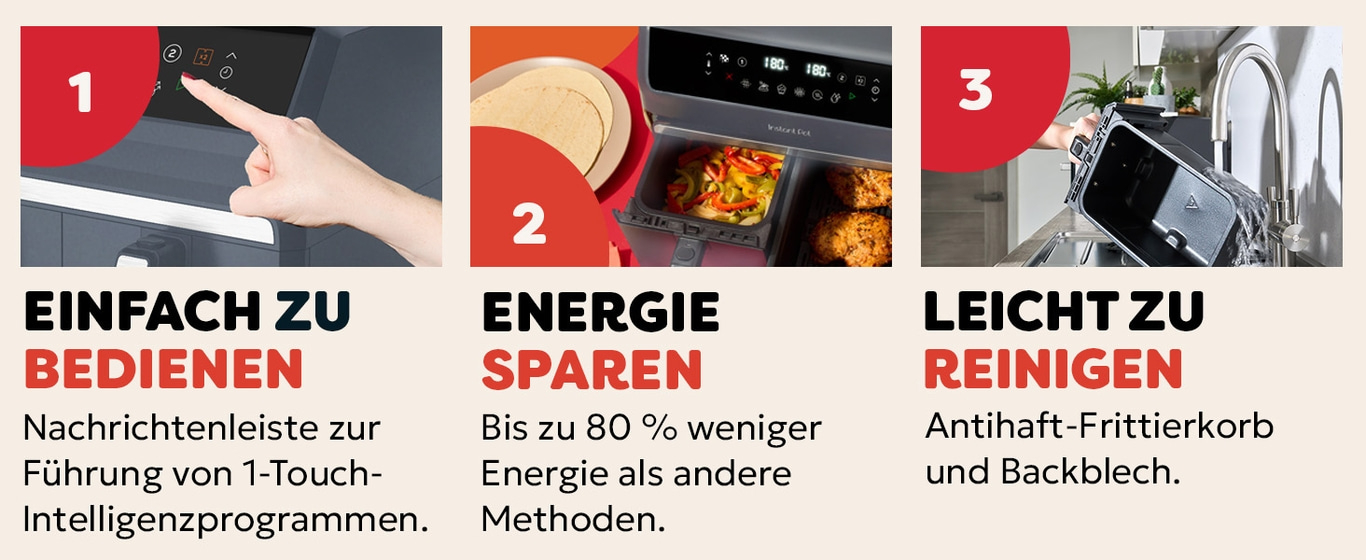 Einfach zu bedienen, energiesparend, leicht zu reinigen. 1-Touch-Programme, Antihaft-Frittierkorb.