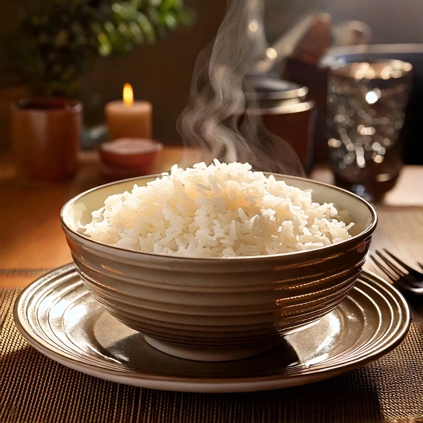 Schüssel mit dampfendem Reis auf einem Teller, Kerze im Hintergrund.