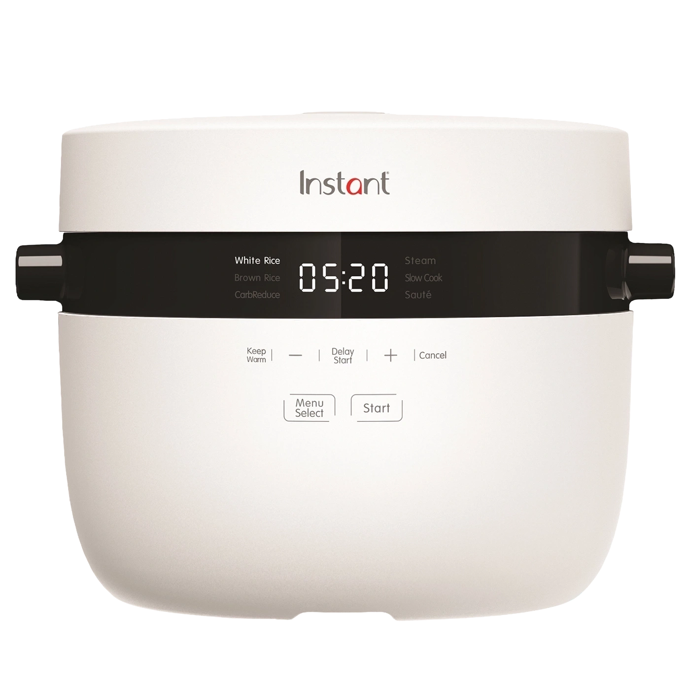 Ein weißer Instant Pot Reiskocher mit schwarzem Bedienfeld und digitaler Zeitanzeige.
