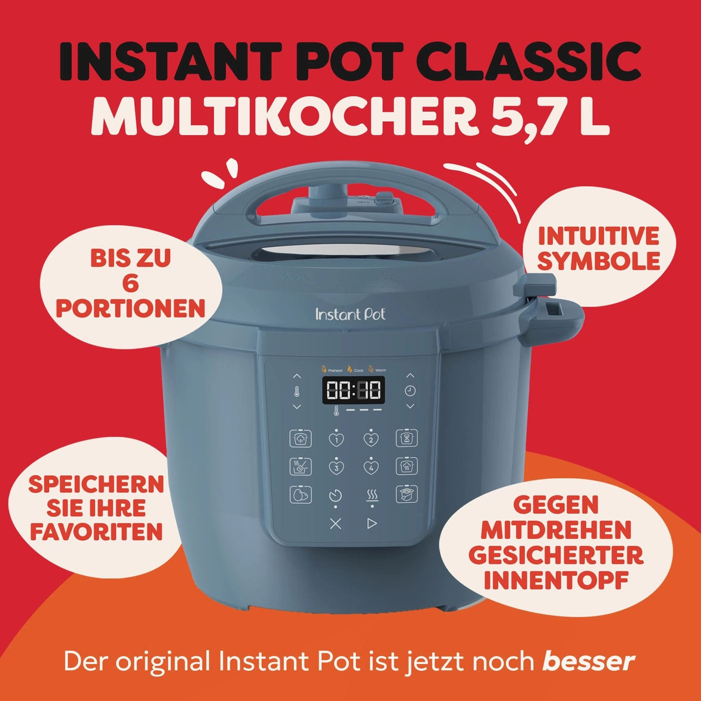 Instant Pot Multikocher mit intuitiven Symbolen und vielen Funktionen.
