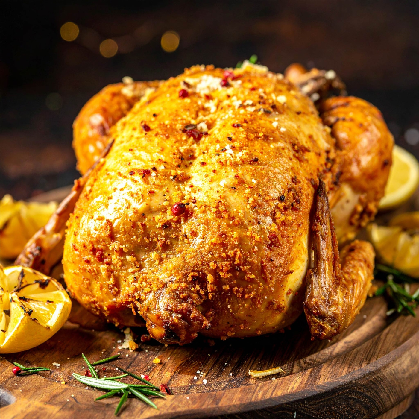 Gebratenes Hähnchen mit Zitrone und Rosmarin auf Holzbrett, nahaufnahme