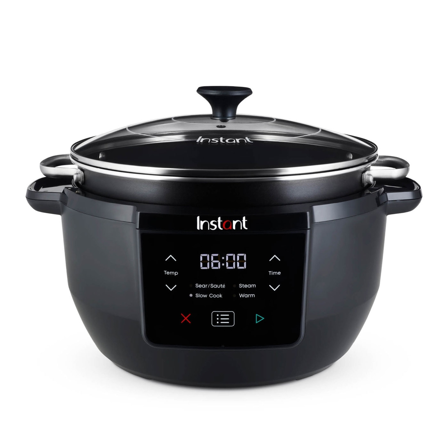 Schwarzer Instant Pot mit Glasdeckel und digitalem Bedienfeld.