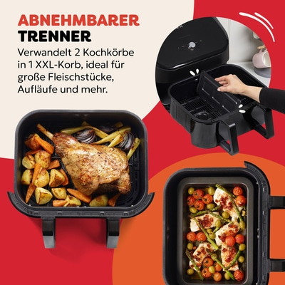 Luftfritteuse mit abnehmbarem Trenner für große Fleischstücke und Aufläufe.