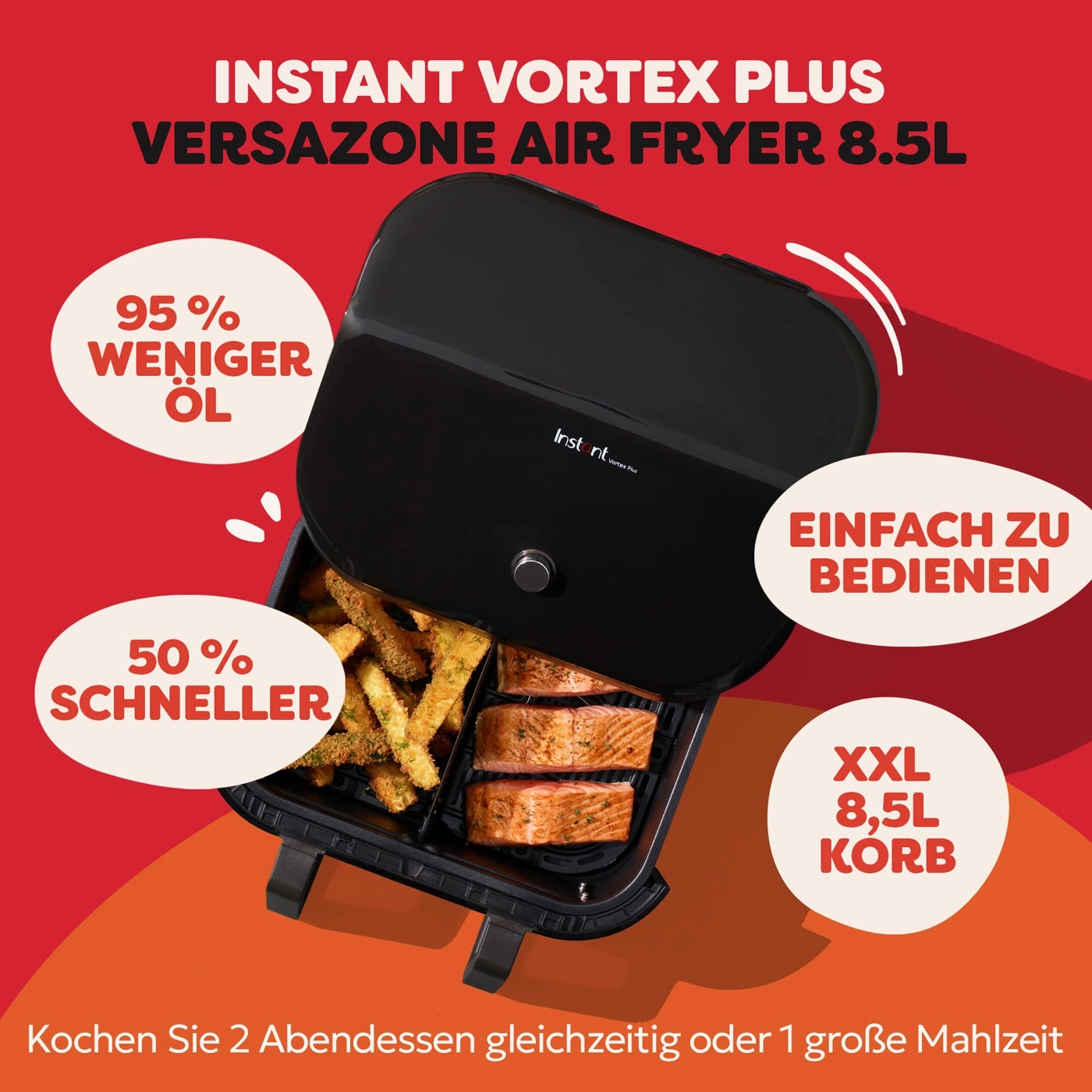 Instant Vortex Plus Air Fryer mit 8,5L Korb, 95% weniger Öl, 50% schneller, einfach zu bedienen.
