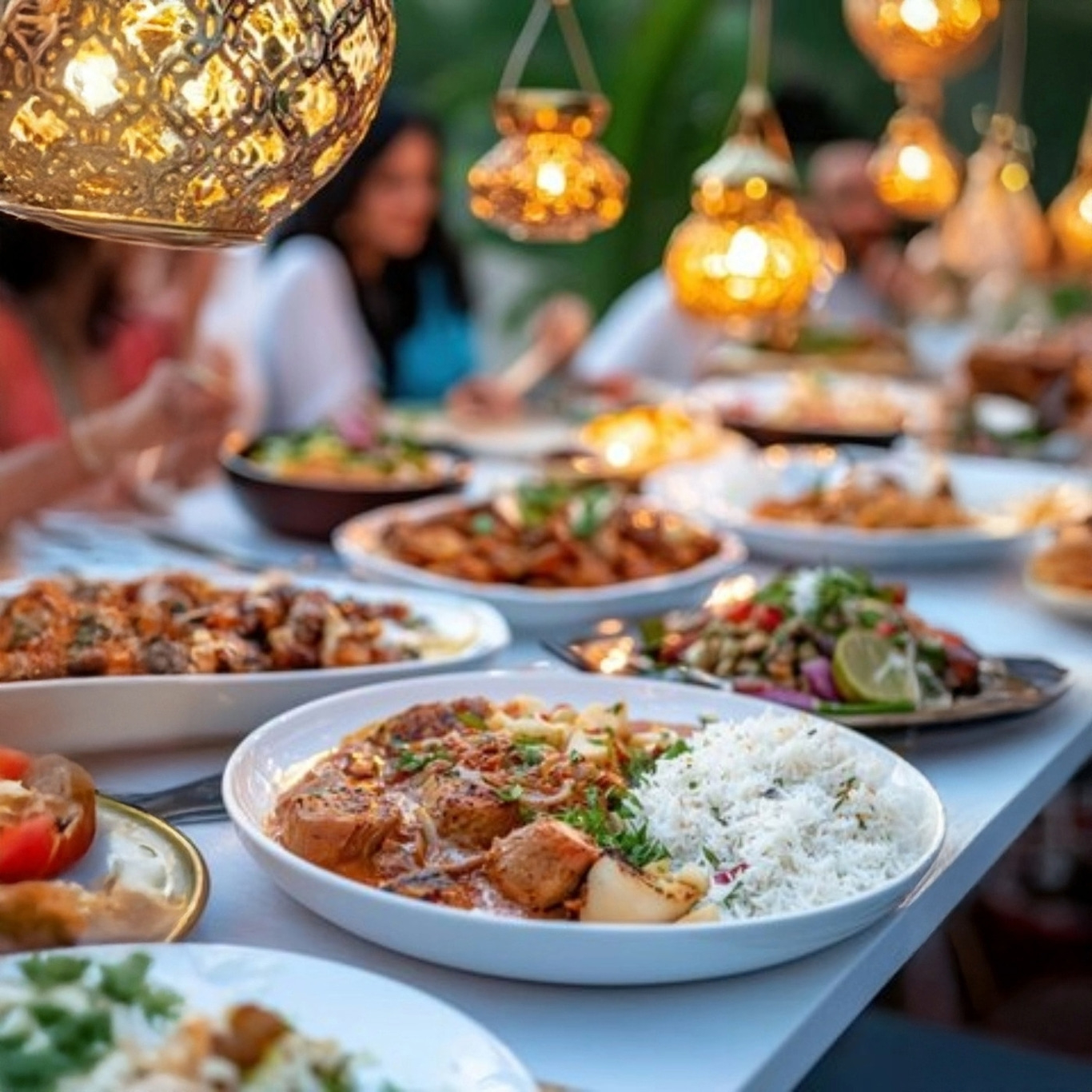 Festliches Abendessen mit vielen Gerichten und dekorativen Lampen