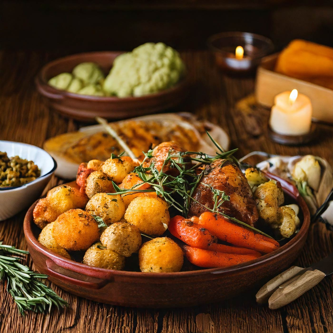 Gebratenes Hähnchen mit Gemüse und Kerzen auf einem Holztisch