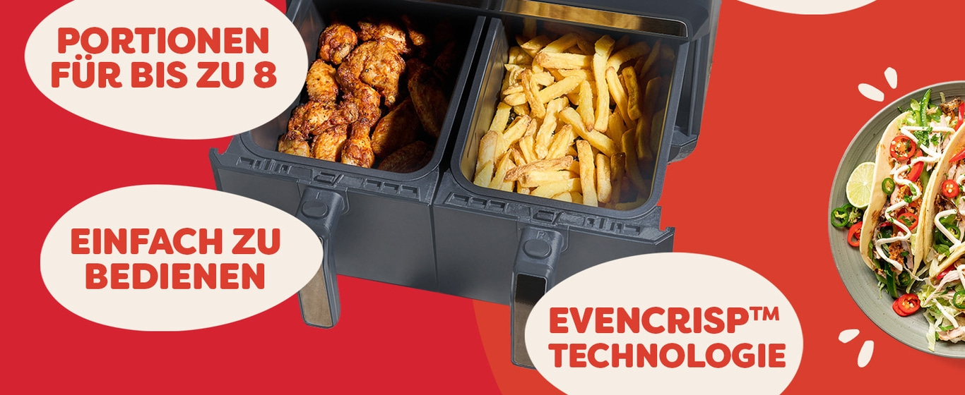 Doppelte Heißluftfritteuse mit Hähnchen, Pommes und Tacos. Portionen für bis zu 8 Personen.