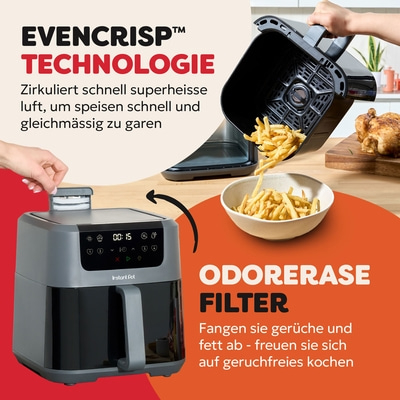 Luftfritteuse mit EvenCrisp-Technologie und Odor Erase Filter für geruchsfreies Kochen.