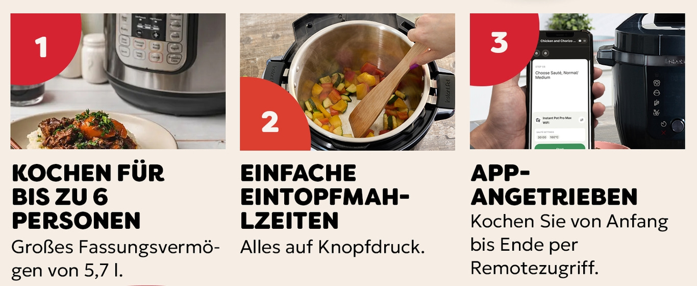 Kochen für bis zu 6 Personen, einfache Eintopfmahlzeiten, App-angetrieben.