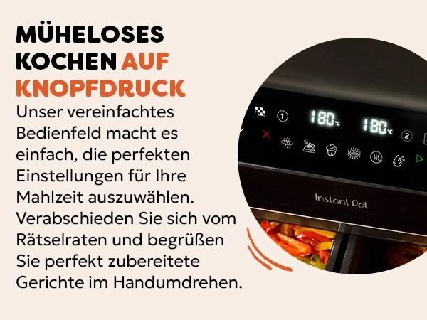 Instant Pot mit Text: Müheloses Kochen auf Knopfdruck, Bedienfeld, Mahlzeit.