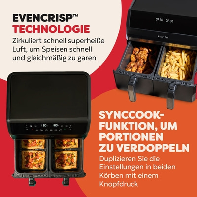 Luftfritteuse mit EvenCrisp-Technologie und SyncCook-Funktion zum Verdoppeln der Portionen.