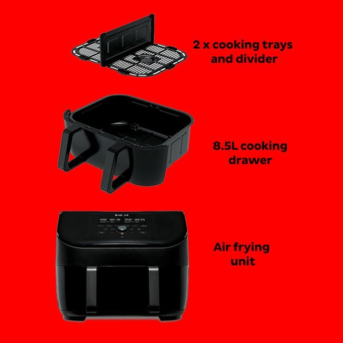 Luftfritteuse mit Zubehör: Kochschalen, Schublade, Gerät. Schwarz auf Rot.