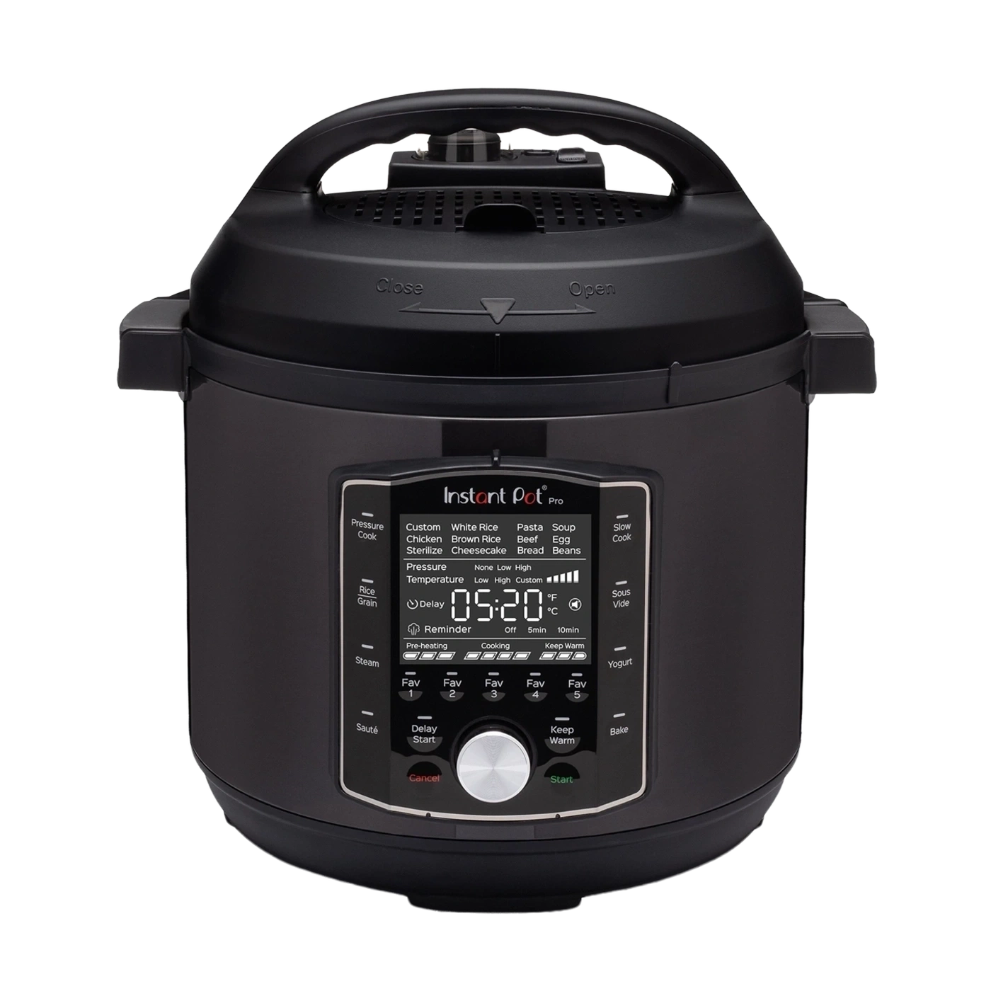 Ein schwarzer Instant Pot Pro mit einem digitalen Display und verschiedenen Kochmodi.