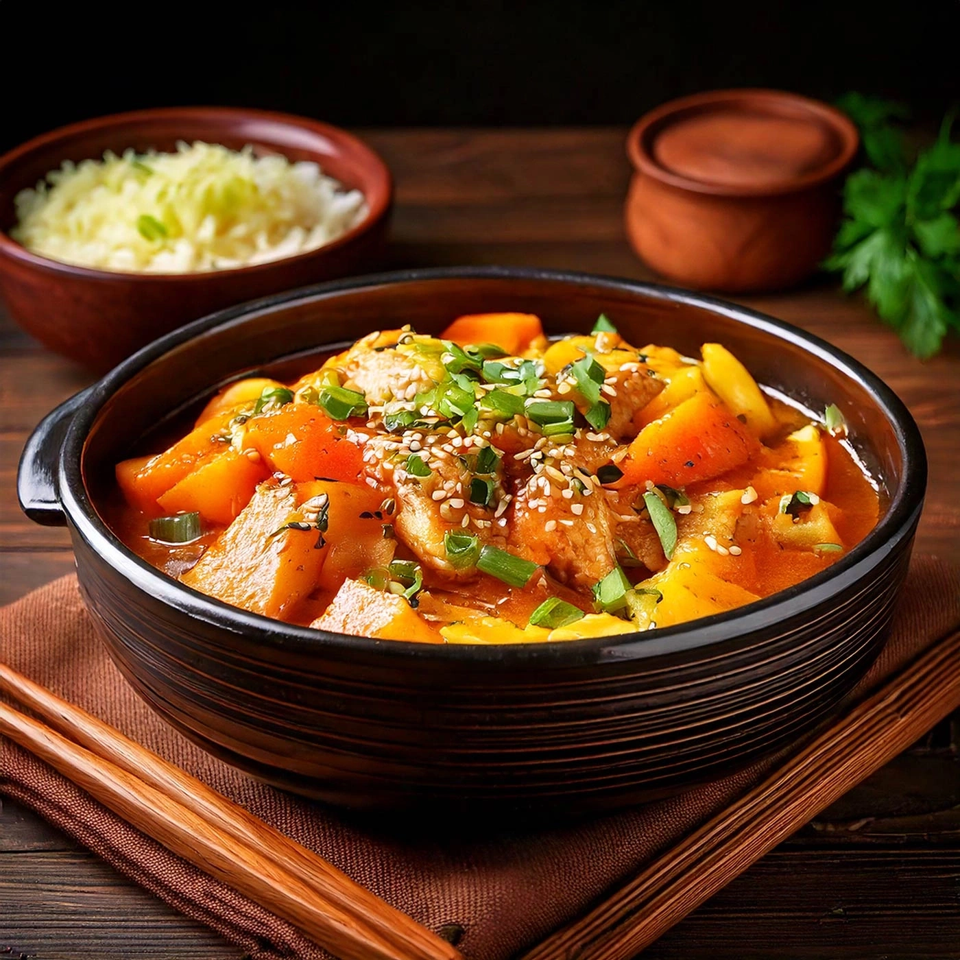 Nahaufnahme von köstlichem Essen in einer Schüssel mit Reis und Stäbchen