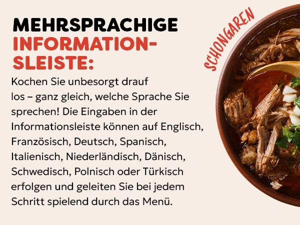 Mehrsprachige Informationsleiste: Kochen in verschiedenen Sprachen.