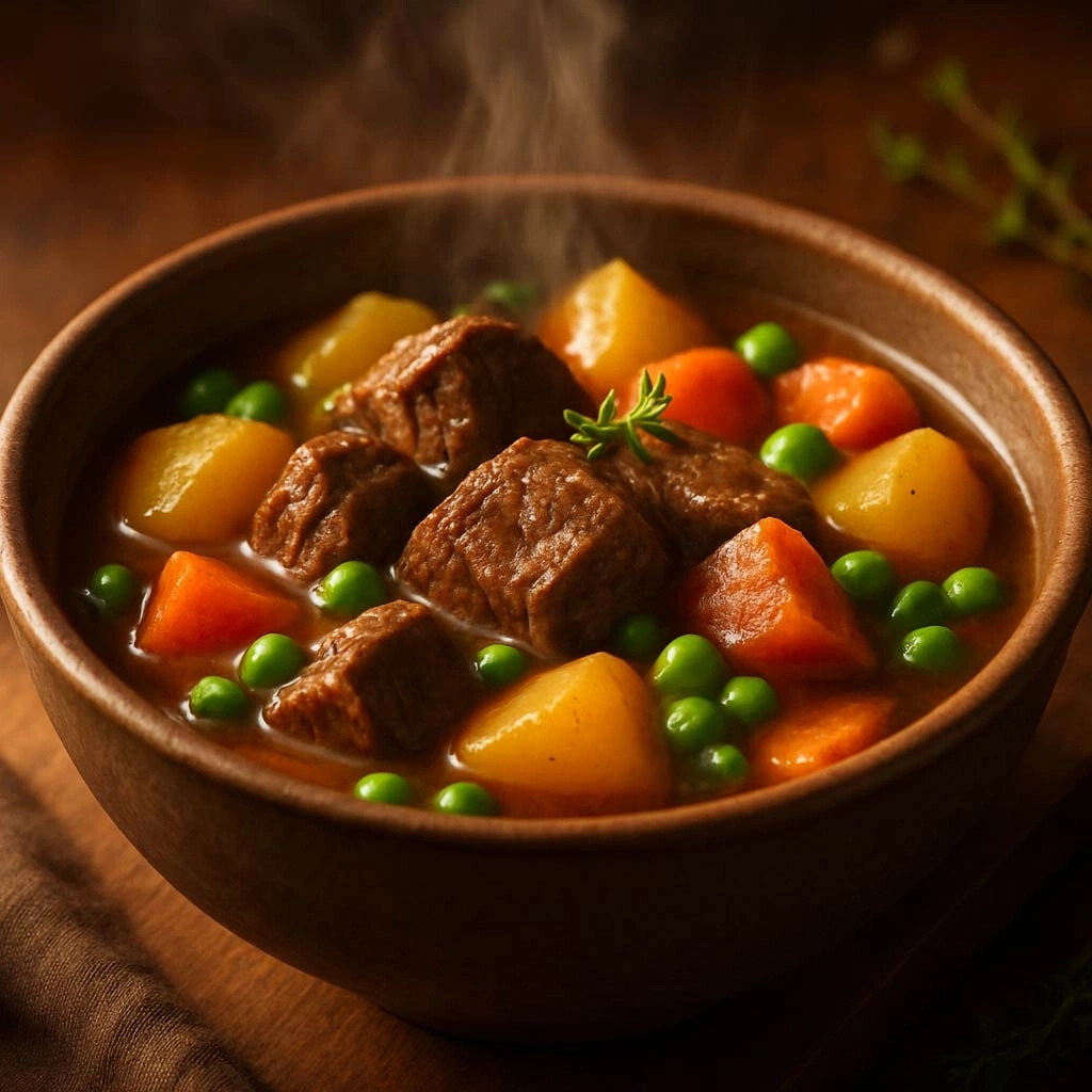 Herzhafter Eintopf mit Fleisch, Kartoffeln, Karotten und Erbsen in einer Holzschüssel