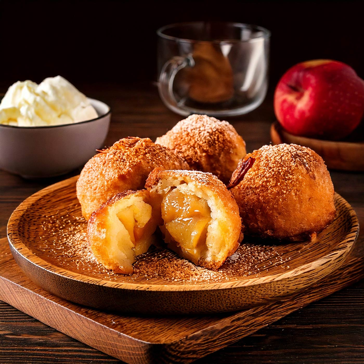 Apfelküchlein auf Holzbrett mit Apfel und Sahne im Hintergrund