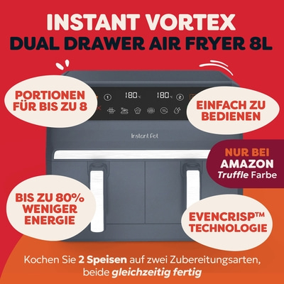 Instant Vortex Dual Drawer Air Fryer 8L, Portionen für bis zu 8, Energie sparen