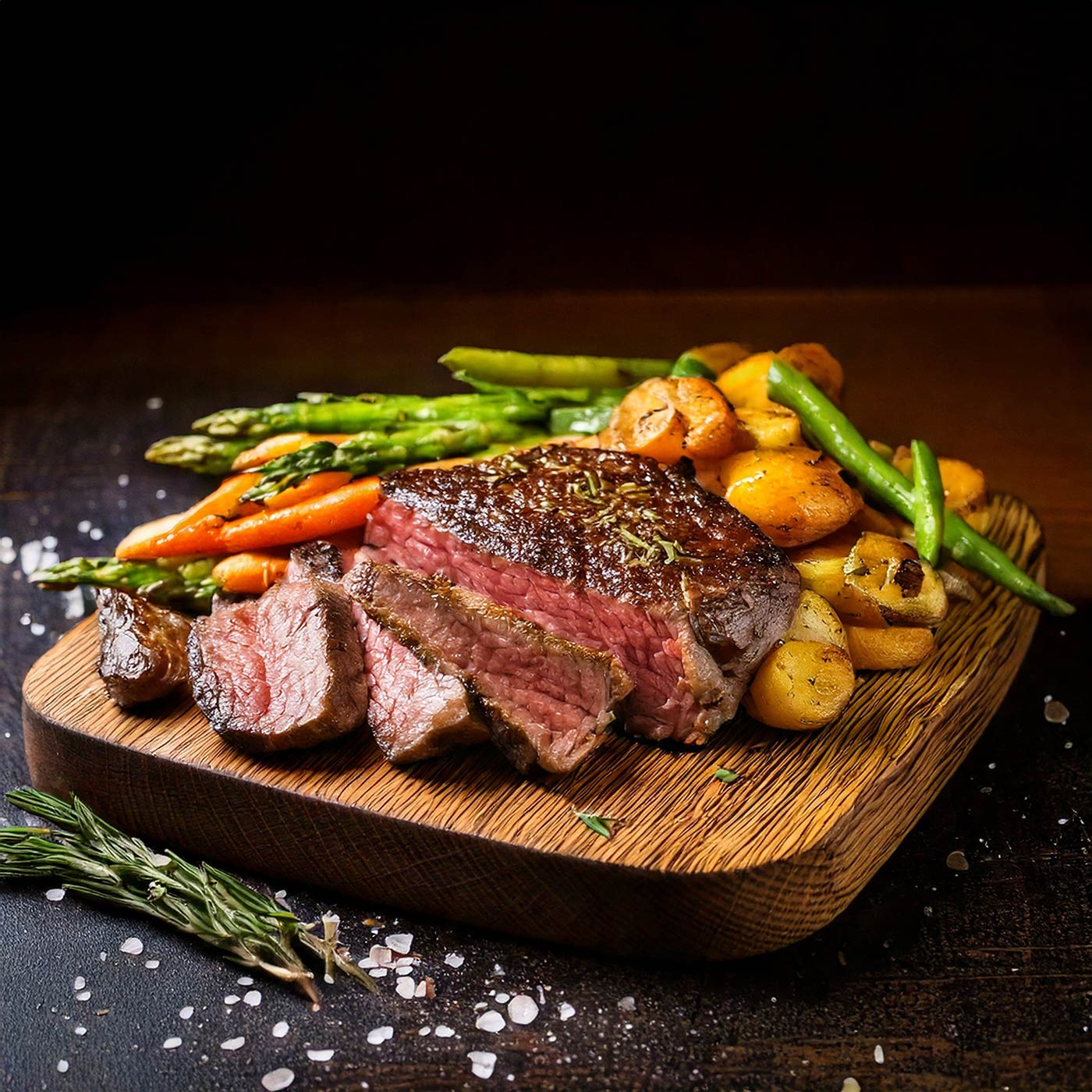 Gebratenes Steak mit Gemüse auf einem Holzbrett, köstlich angerichtet