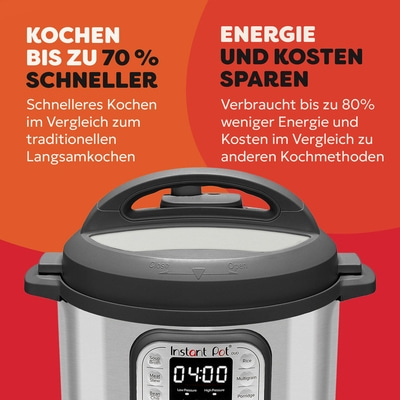 Instant Pot mit Text über Kochen und Energie sparen