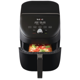 Schwarze Heißluftfritteuse mit Pizza, Bedienfeld mit Optionen und Anzeige.