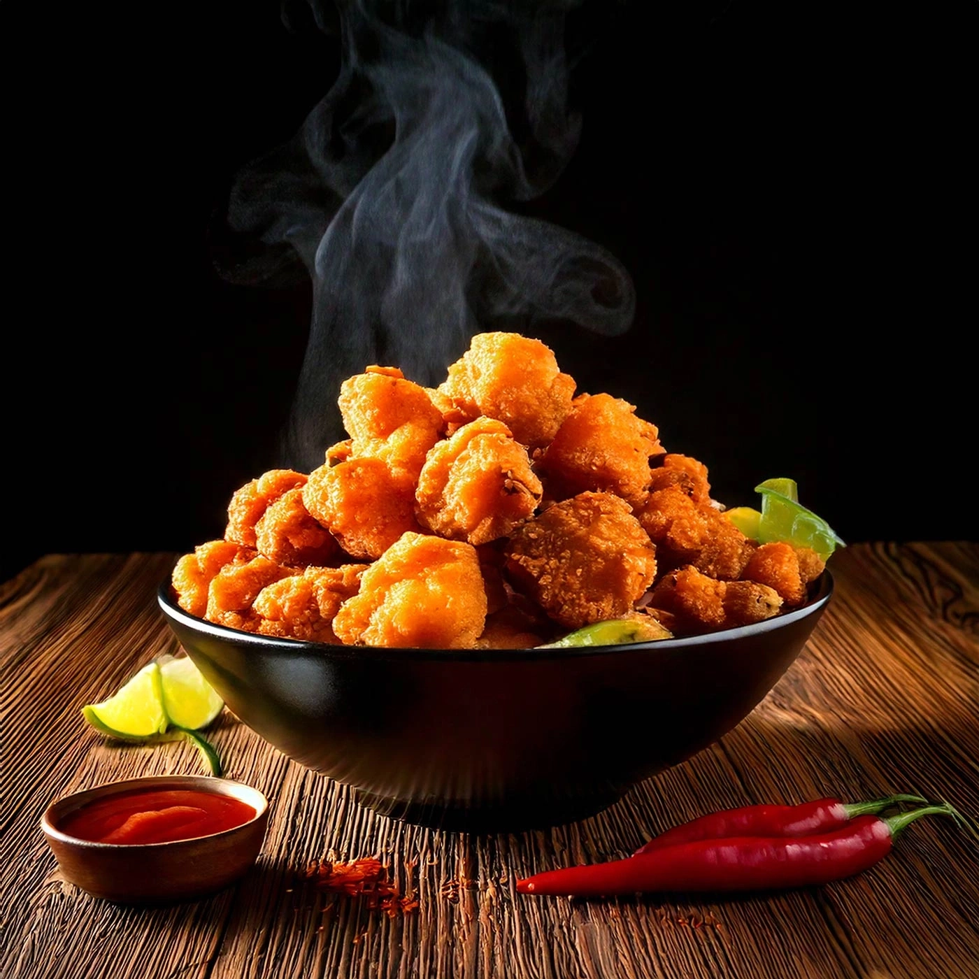 Knusprige Hähnchenstücke in einer Schüssel mit Chili und Limette auf Holz