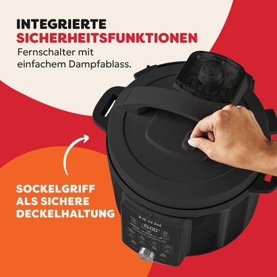 Instant Pot mit Sicherheitsfunktionen, Fernschalter und Deckelhaltung.