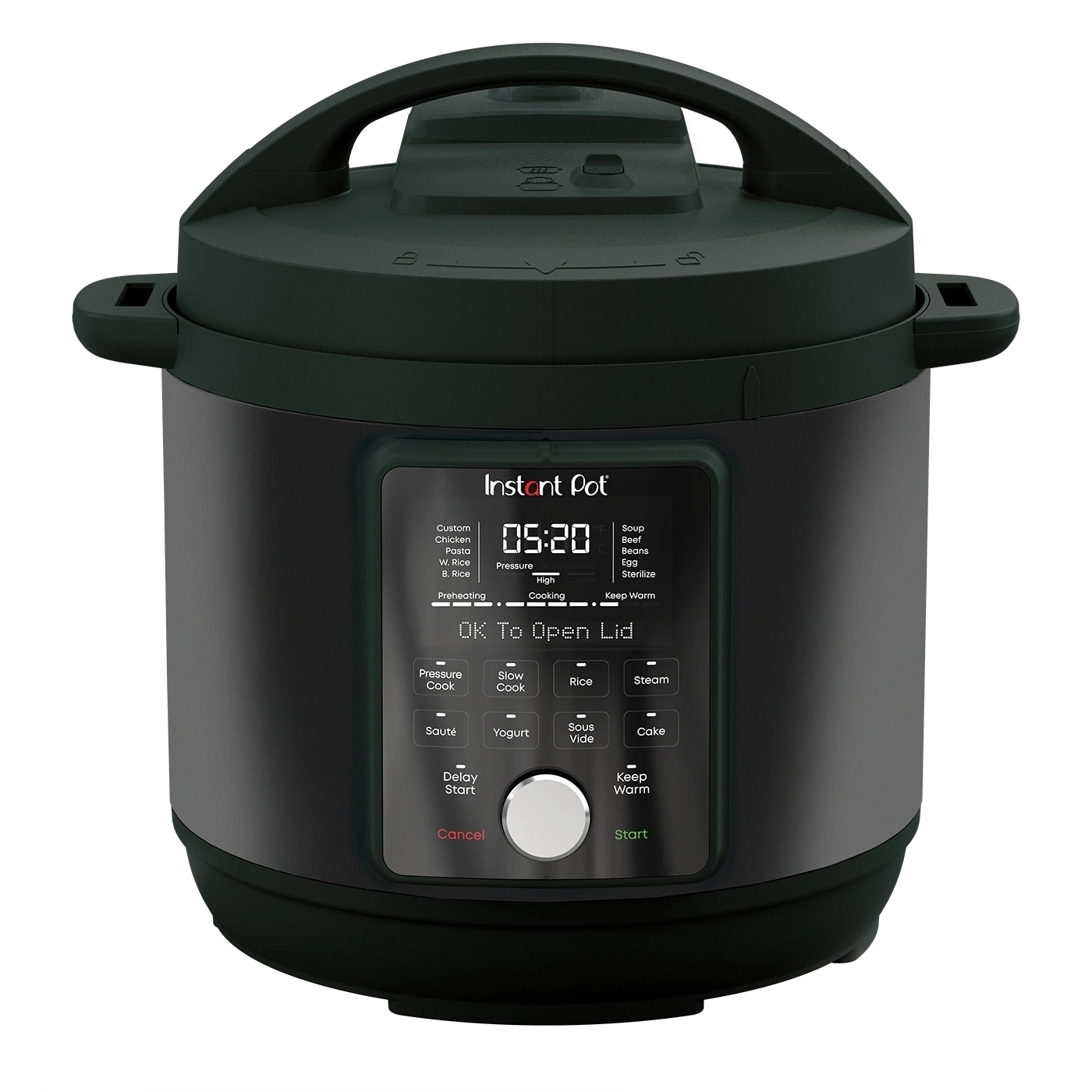 Ein schwarzer Instant Pot mit einem digitalen Display, das "OK To Open Lid" anzeigt.