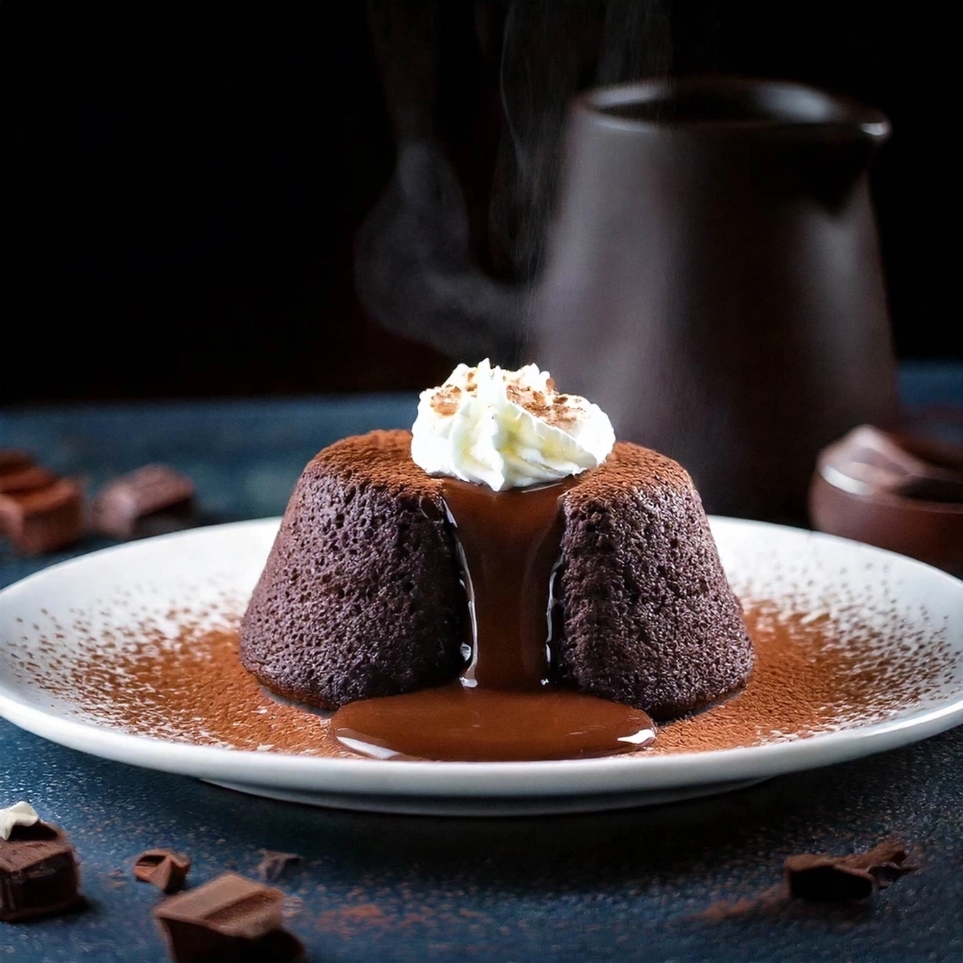 Schokoladenkuchen mit Sahne und Schokoladensauce auf einem Teller