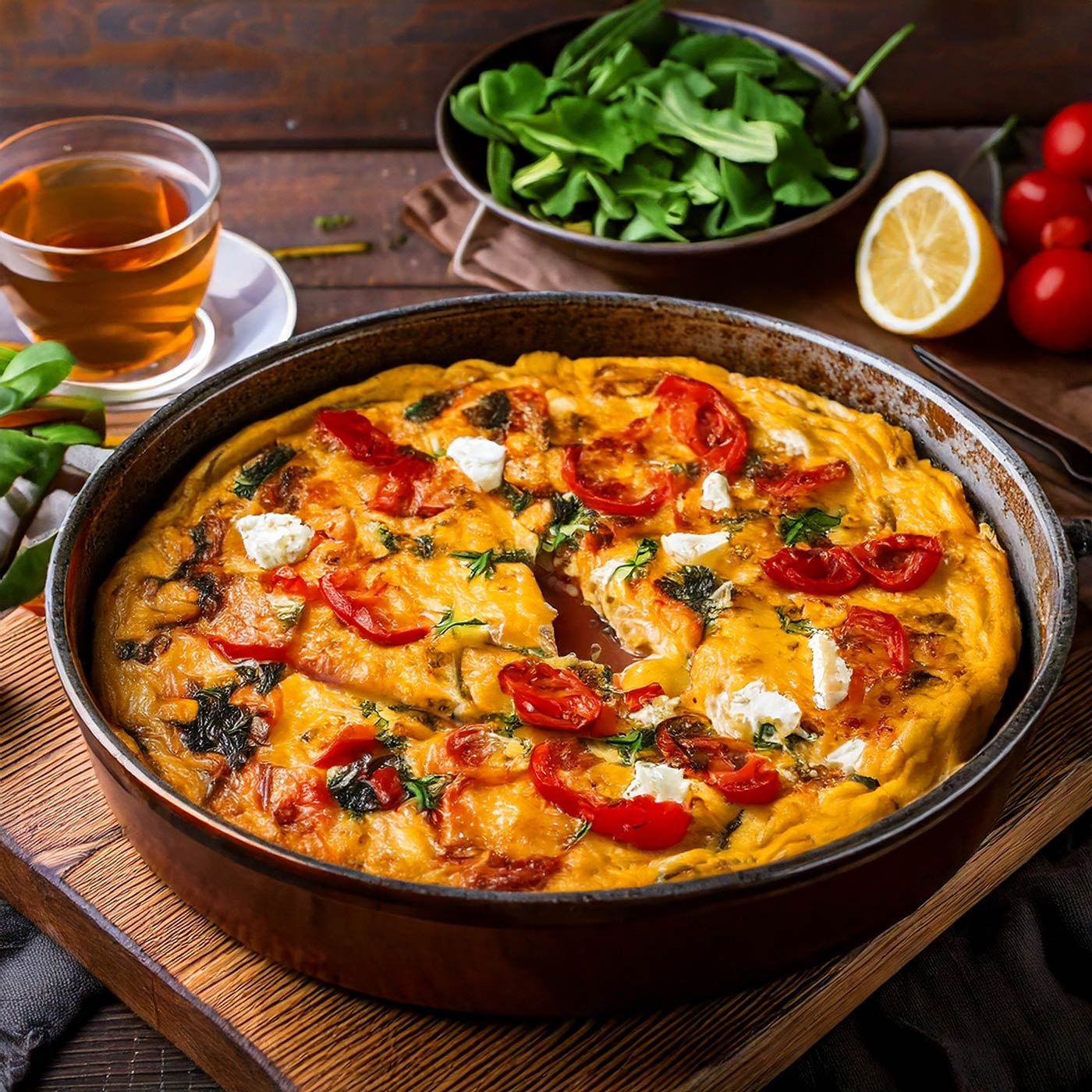 Omelett mit Tomaten, Käse und Kräutern, serviert mit Salat und Tee.