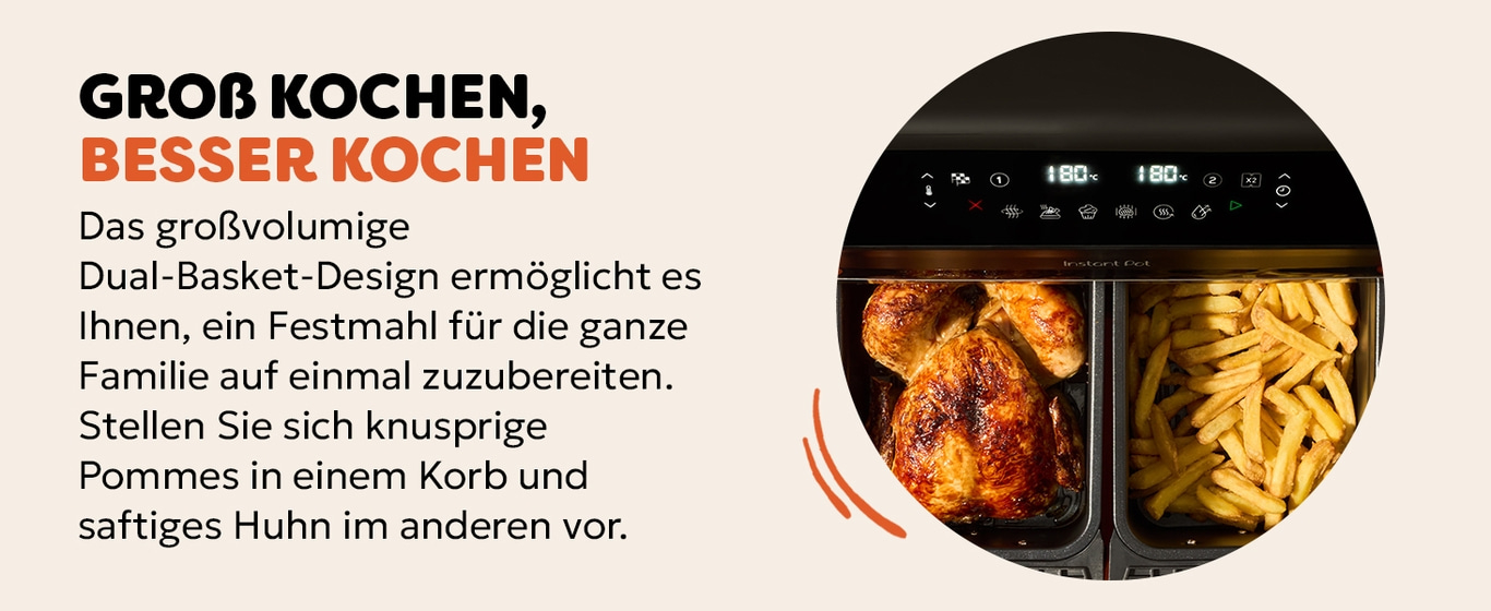 Luftfritteuse mit Hähnchen und Pommes, großvolumiges Dual-Basket-Design