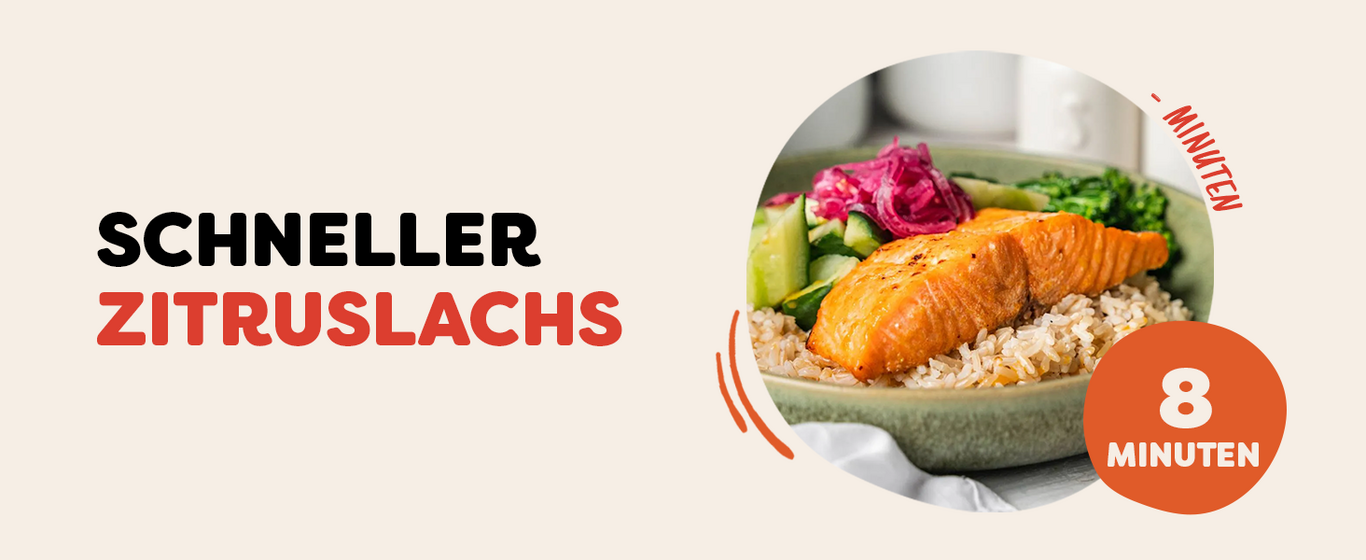 Schneller Zitruslachs in 8 Minuten zubereitet, serviert mit Reis und Gemüse.