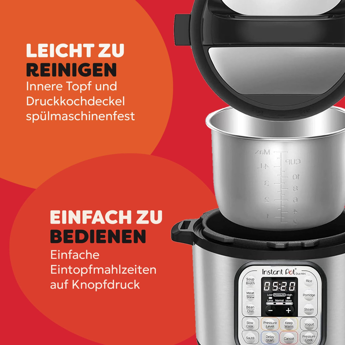 Instant Pot mit Text: Leicht zu reinigen, einfach zu bedienen.