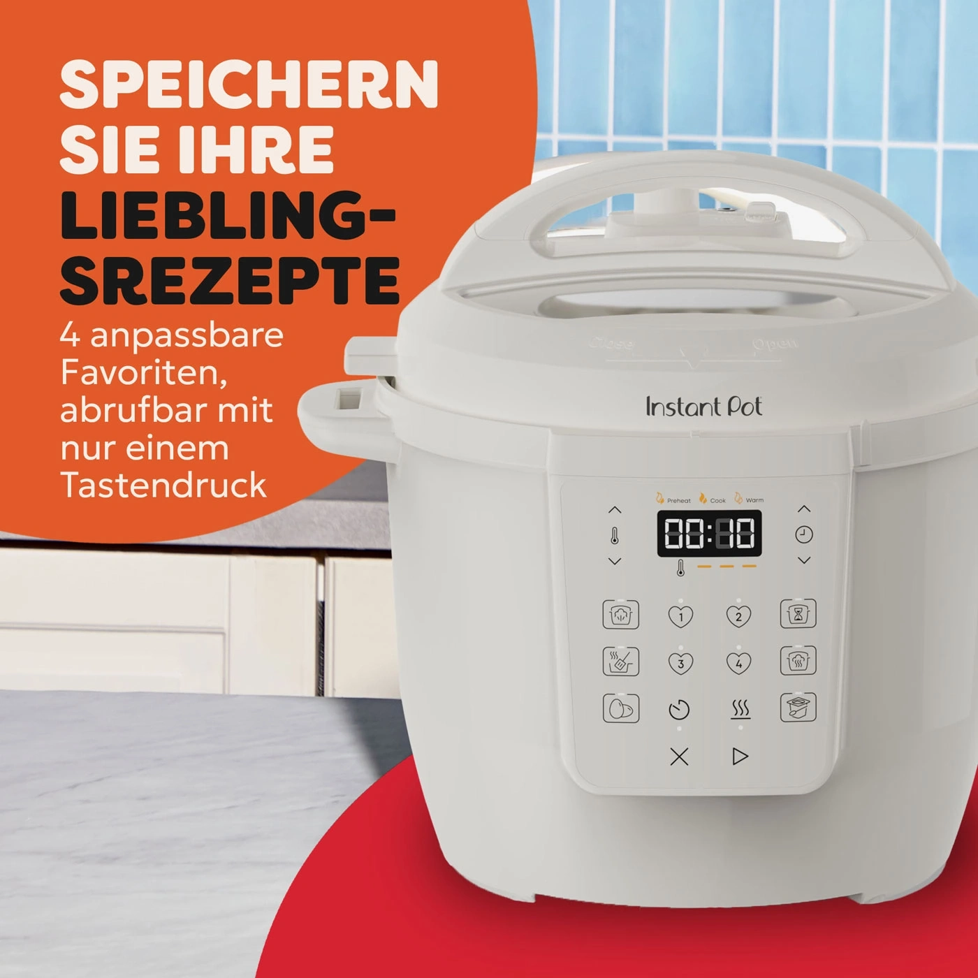 Ein Instant Pot mit deutschen Texten über Lieblingsrezepte.