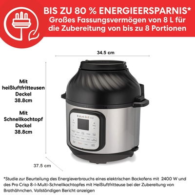 Instant Pot mit Heißluftfritteuse und Schnellkochtopf, 80% Energieersparnis, 8L Fassungsvermögen