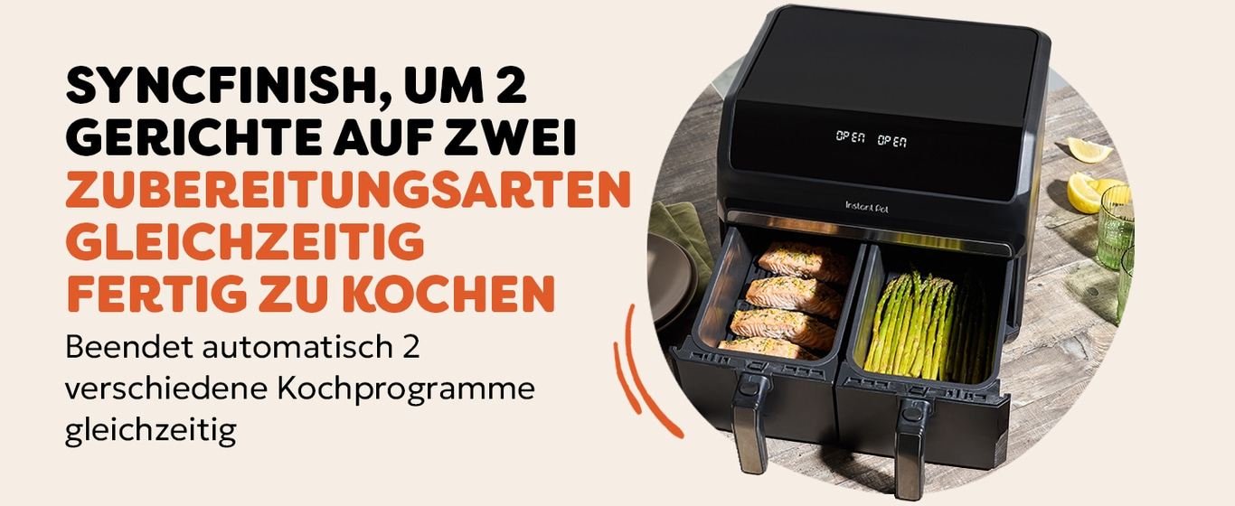 Airfryer mit SyncFinish-Funktion, um zwei Gerichte gleichzeitig fertig zu kochen.