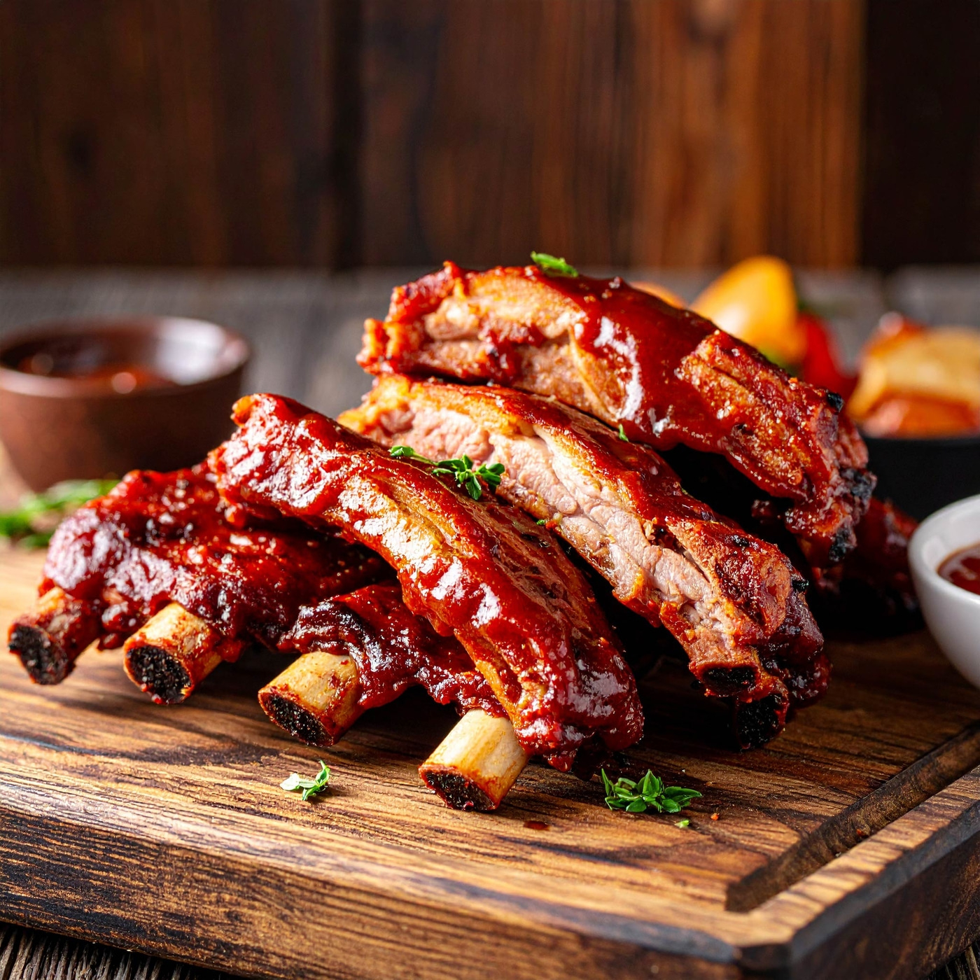 Geräucherte Rippchen auf Holzbrett, BBQ-Soße, köstlich, Fleisch, Essen, Nahaufnahme